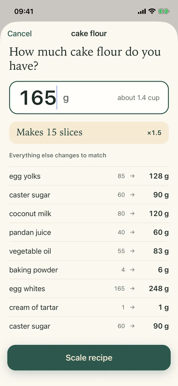 The sheet “How much cake flour do you have?” with 165 g typed in: the pandan chiffon cake scales by 1.5 and every other ingredient changes to match.